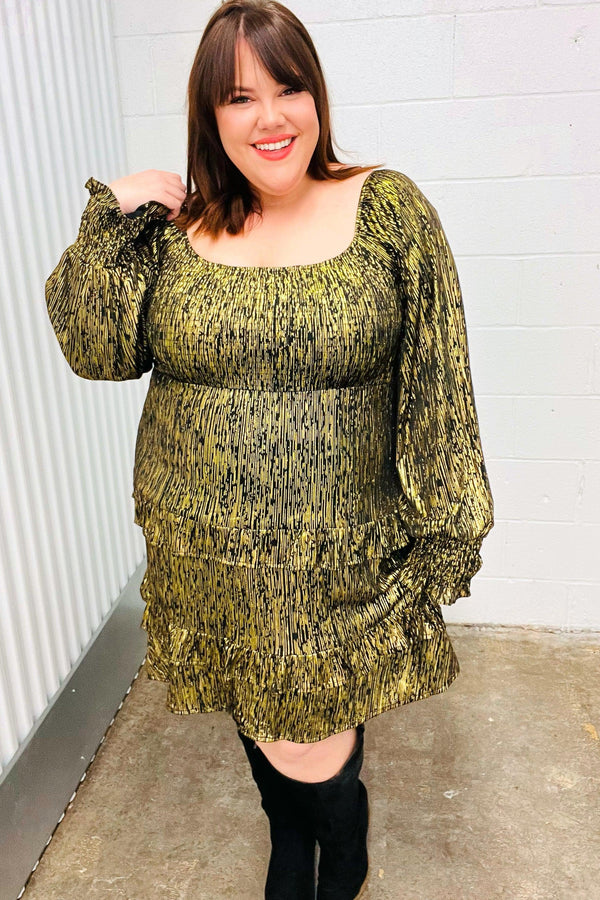 Dazzling Black Gold Foiled Smocked Fit & Flare Dress - Coeur de la Mode