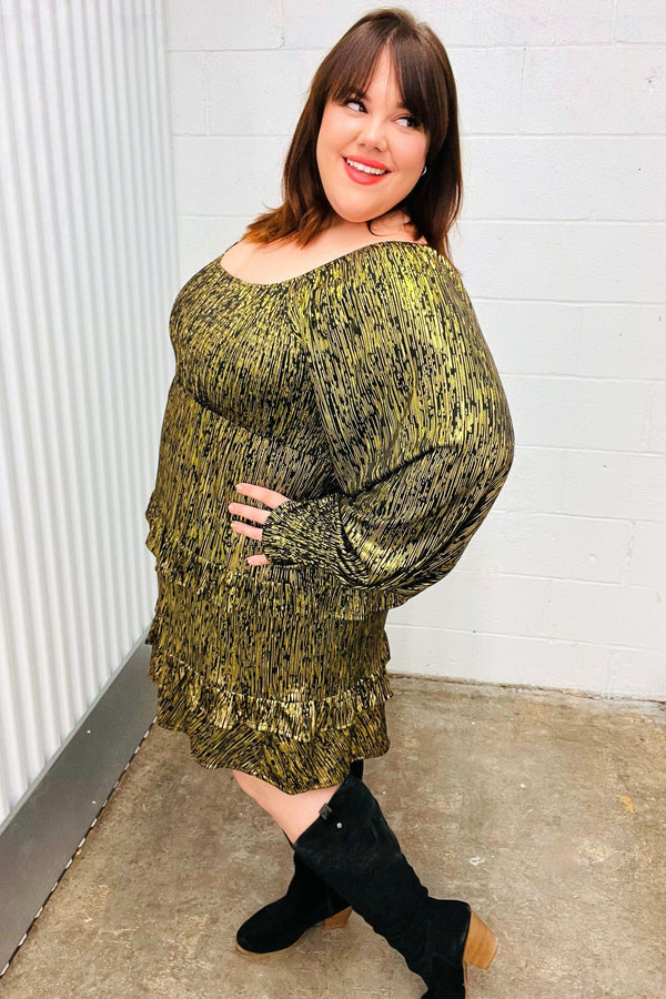 Dazzling Black Gold Foiled Smocked Fit & Flare Dress - Coeur de la Mode