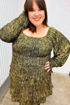 Dazzling Black Gold Foiled Smocked Fit & Flare Dress - Coeur de la Mode