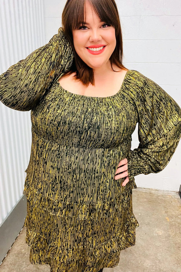 Dazzling Black Gold Foiled Smocked Fit & Flare Dress - Coeur de la Mode