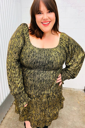 Dazzling Black Gold Foiled Smocked Fit & Flare Dress - Coeur de la Mode