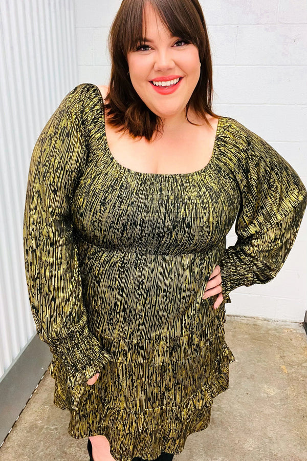 Dazzling Black Gold Foiled Smocked Fit & Flare Dress - Coeur de la Mode