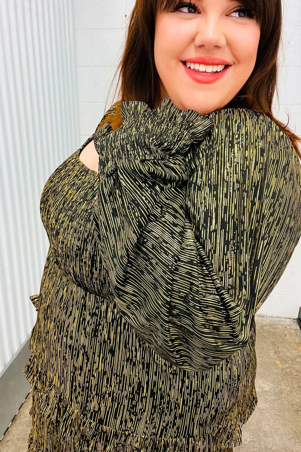 Dazzling Black Gold Foiled Smocked Fit & Flare Dress - Coeur de la Mode