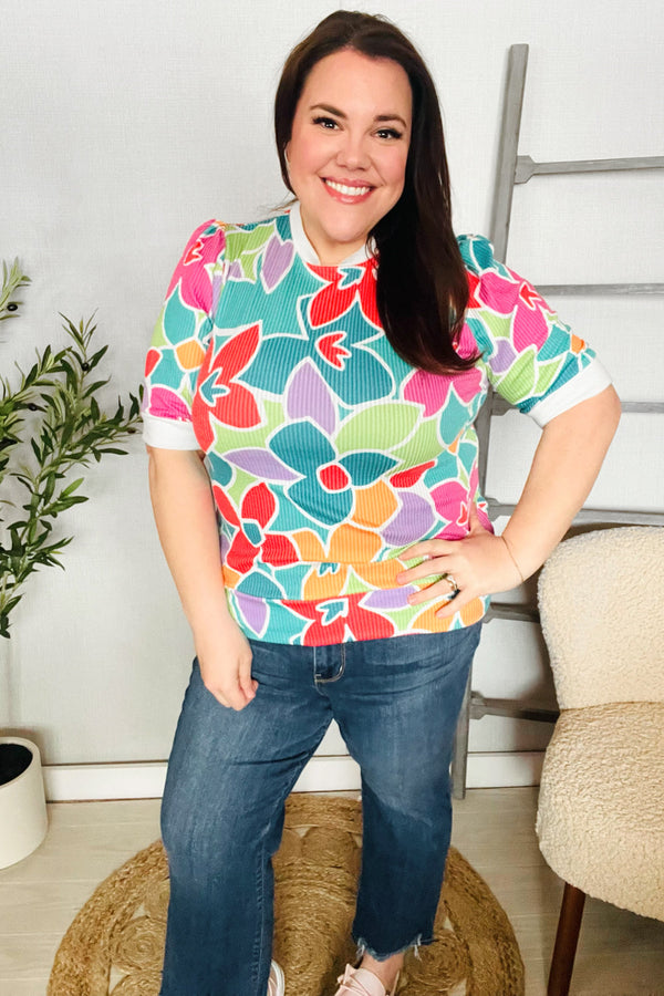 Spring Vibes Multicolor floral Rib Back Bow Tie Detail Top - Coeur de la Mode
