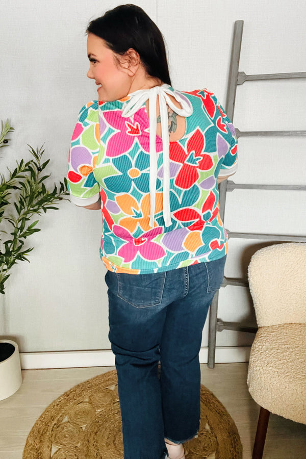 Spring Vibes Multicolor floral Rib Back Bow Tie Detail Top - Coeur de la Mode