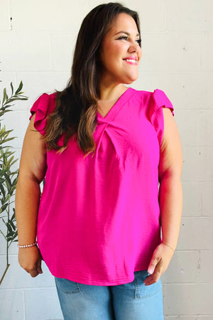 Summer Days Fuchsia Banded V Neck Flutter Sleeve Top - Coeur de la Mode