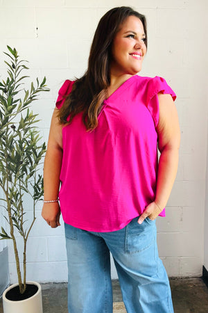 Summer Days Fuchsia Banded V Neck Flutter Sleeve Top - Coeur de la Mode
