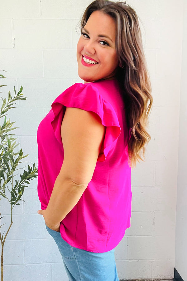 Summer Days Fuchsia Banded V Neck Flutter Sleeve Top - Coeur de la Mode