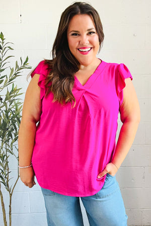 Summer Days Fuchsia Banded V Neck Flutter Sleeve Top - Coeur de la Mode
