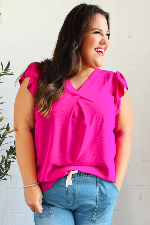 Summer Days Fuchsia Banded V Neck Flutter Sleeve Top - Coeur de la Mode