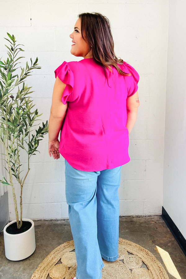 Summer Days Fuchsia Banded V Neck Flutter Sleeve Top - Coeur de la Mode