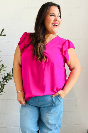 Summer Days Fuchsia Banded V Neck Flutter Sleeve Top - Coeur de la Mode