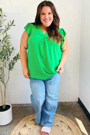 Sunny Days Kelly Green Banded V Neck Flutter Sleeve Top - Coeur de la Mode