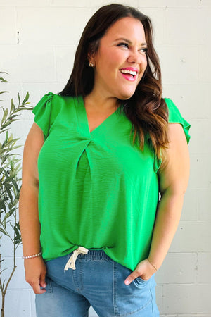 Sunny Days Kelly Green Banded V Neck Flutter Sleeve Top - Coeur de la Mode