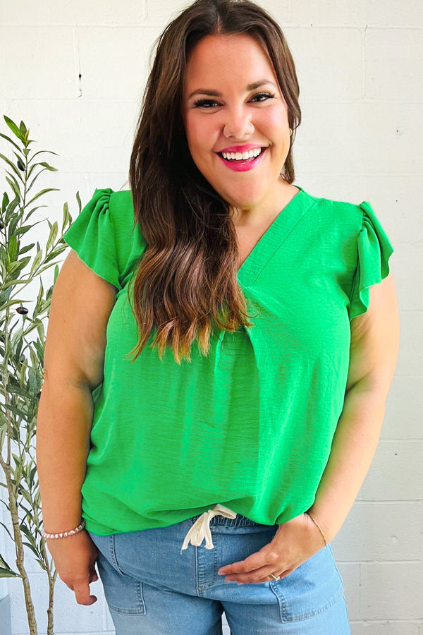 Sunny Days Kelly Green Banded V Neck Flutter Sleeve Top - Coeur de la Mode