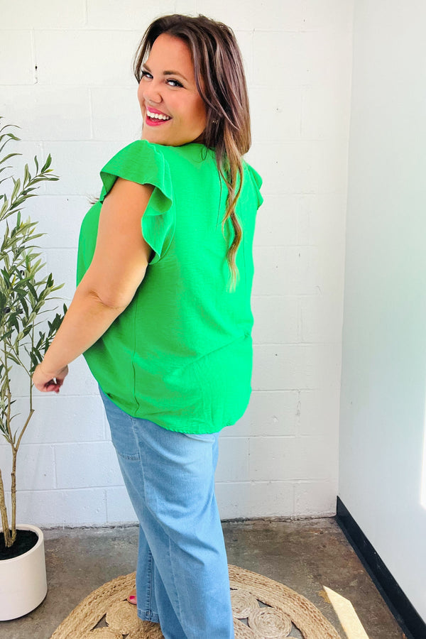 Sunny Days Kelly Green Banded V Neck Flutter Sleeve Top - Coeur de la Mode