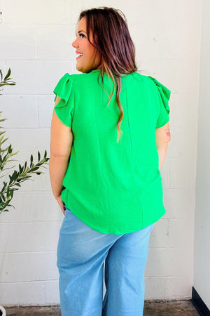 Sunny Days Kelly Green Banded V Neck Flutter Sleeve Top - Coeur de la Mode