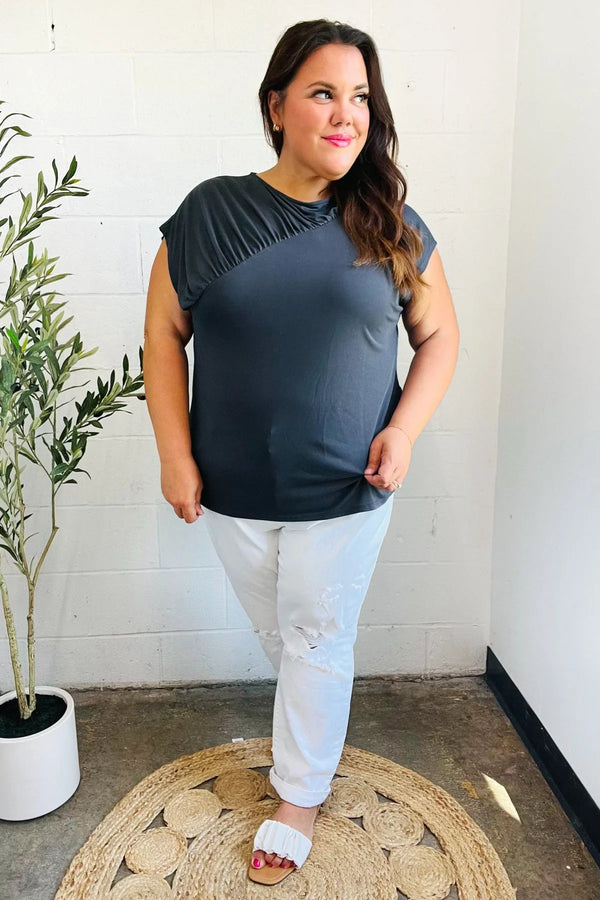 Charming In Charcoal Asymmetrical Shirred Modal Top - Coeur de la Mode