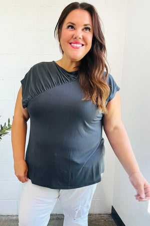 Charming In Charcoal Asymmetrical Shirred Modal Top - Coeur de la Mode