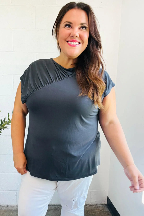 Charming In Charcoal Asymmetrical Shirred Modal Top - Coeur de la Mode