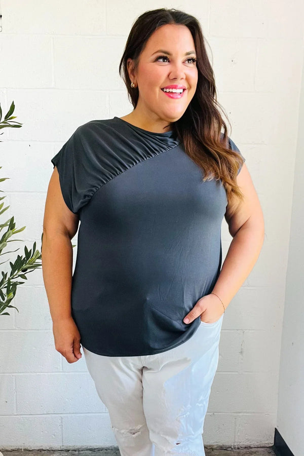 Charming In Charcoal Asymmetrical Shirred Modal Top - Coeur de la Mode