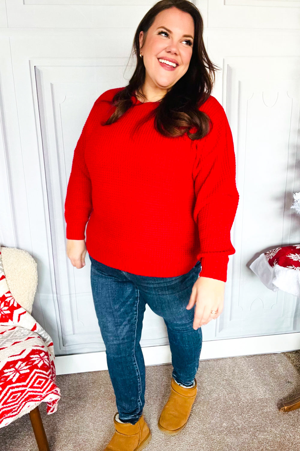 All Present Christmas Red Waffle Knit Hi-Low Sweater