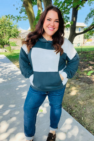 Adorable In Hunter Green Color Block Check Print Terry Hoodie - Coeur de la Mode