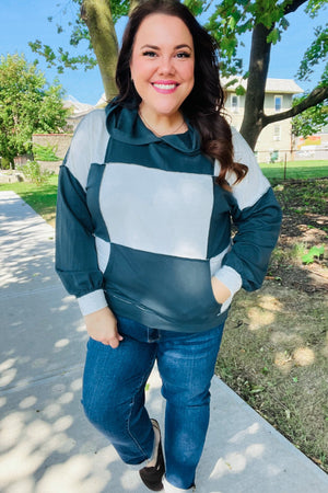 Adorable In Hunter Green Color Block Check Print Terry Hoodie - Coeur de la Mode