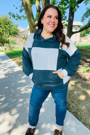 Adorable In Hunter Green Color Block Check Print Terry Hoodie - Coeur de la Mode