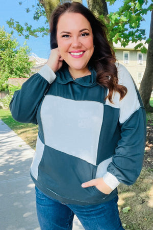 Adorable In Hunter Green Color Block Check Print Terry Hoodie - Coeur de la Mode