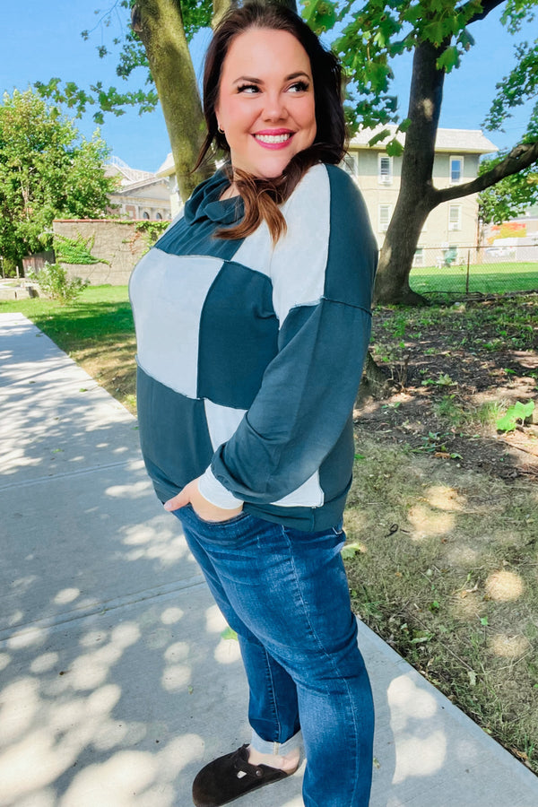 Adorable In Hunter Green Color Block Check Print Terry Hoodie - Coeur de la Mode