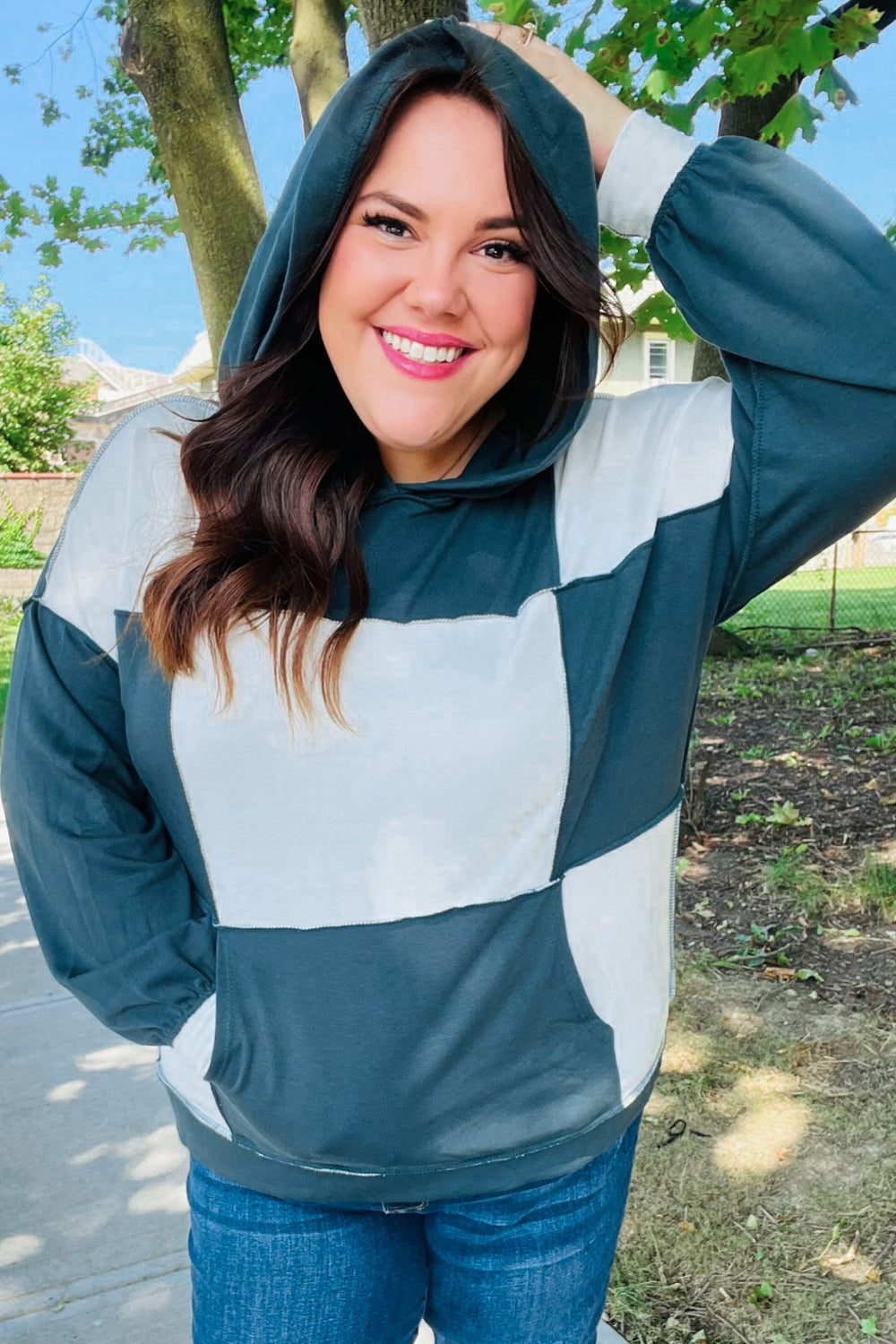 Adorable In Hunter Green Color Block Check Print Terry Hoodie - Coeur de la Mode