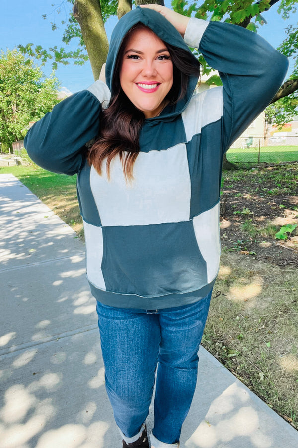 Adorable In Hunter Green Color Block Check Print Terry Hoodie - Coeur de la Mode