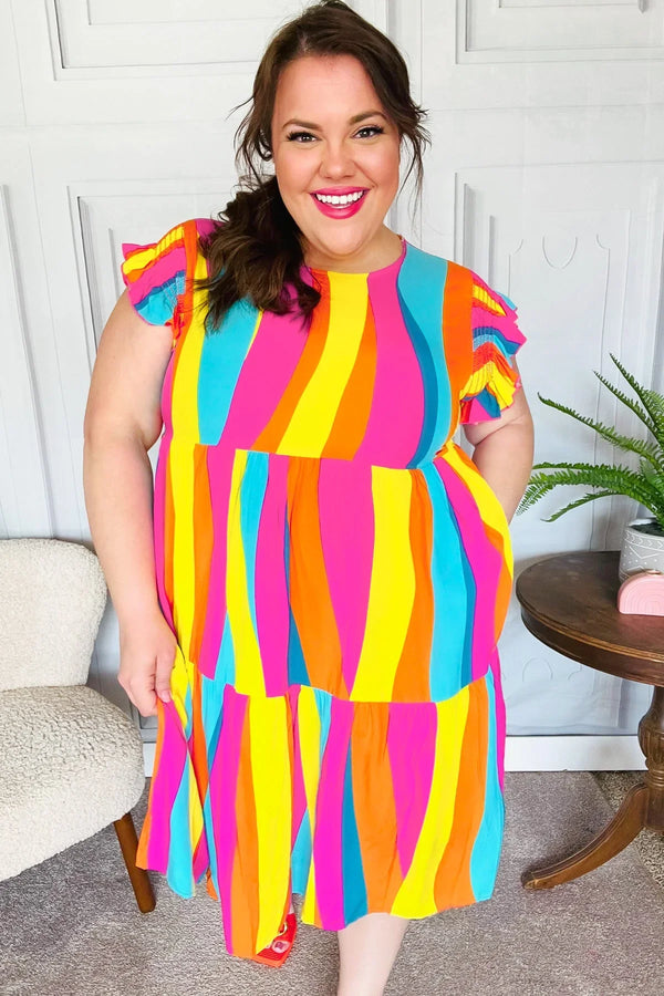 Eyes On You Multicolor Abstract Print Smocked Ruffle Sleeve Dress - Coeur de la Mode
