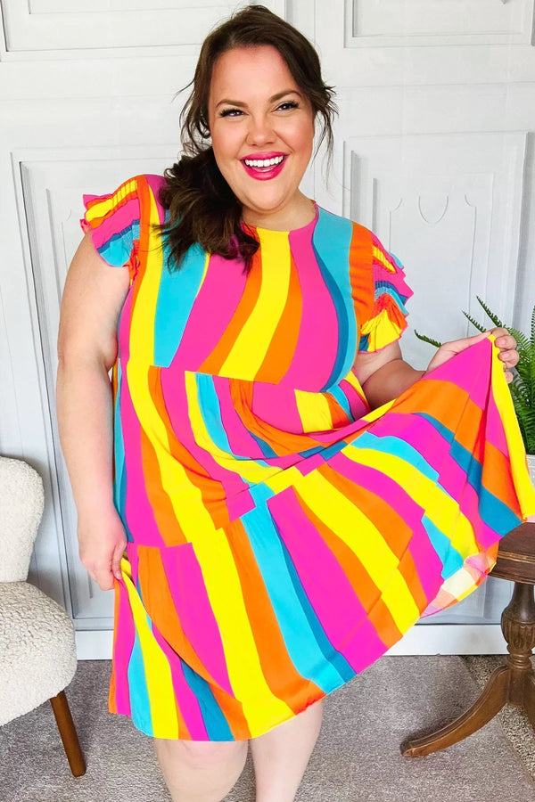 Eyes On You Multicolor Abstract Print Smocked Ruffle Sleeve Dress - Coeur de la Mode