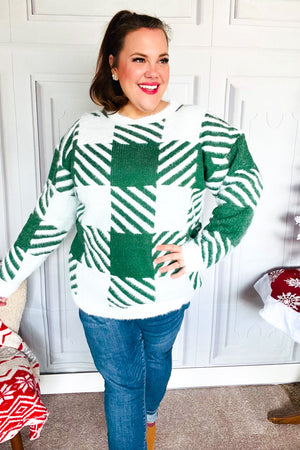 Under The Christmas Tree Green Plaid Soft Brushed Hairy Sweater - Coeur de la Mode