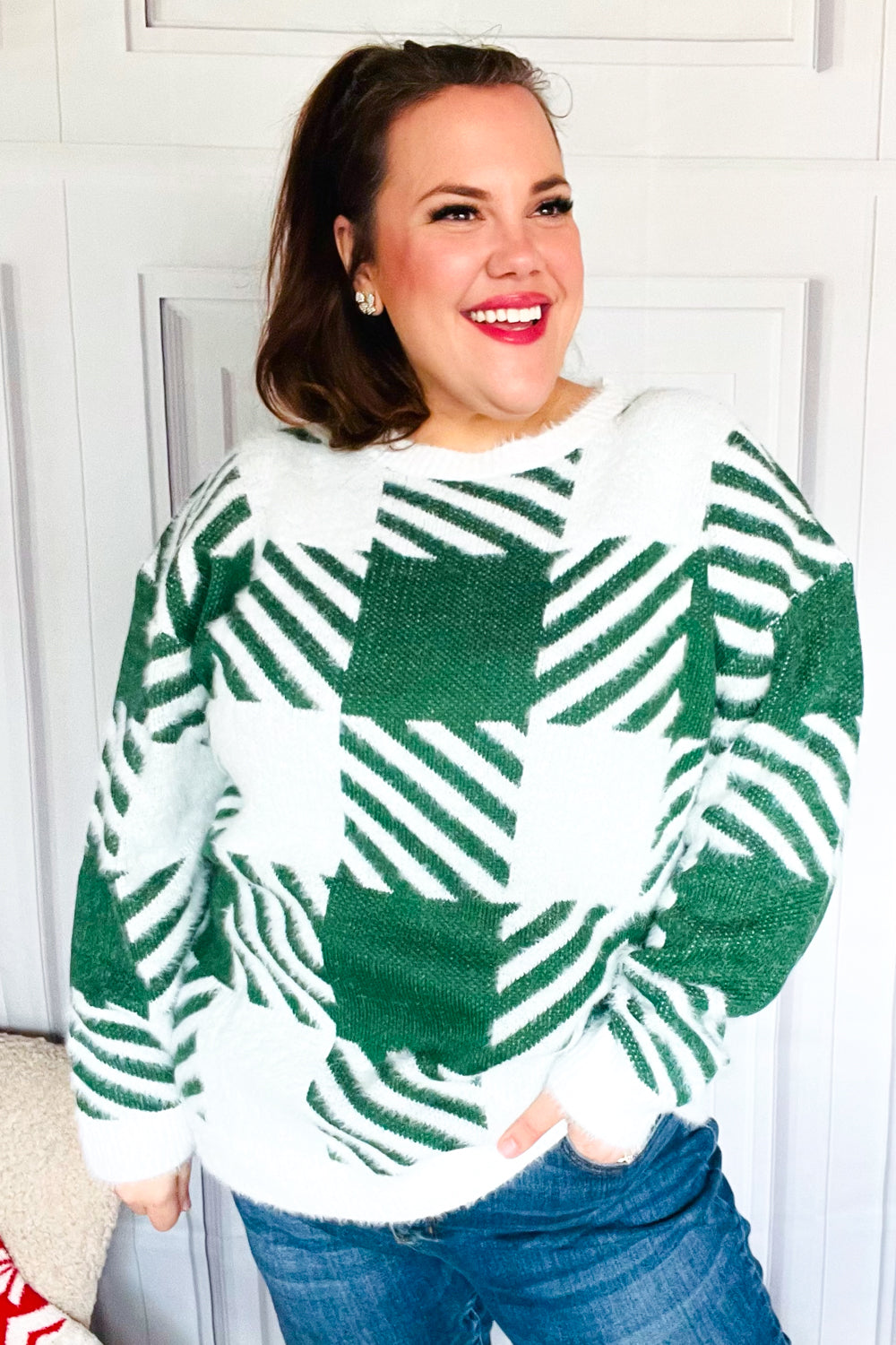 Under The Christmas Tree Green Plaid Soft Brushed Hairy Sweater - Coeur de la Mode