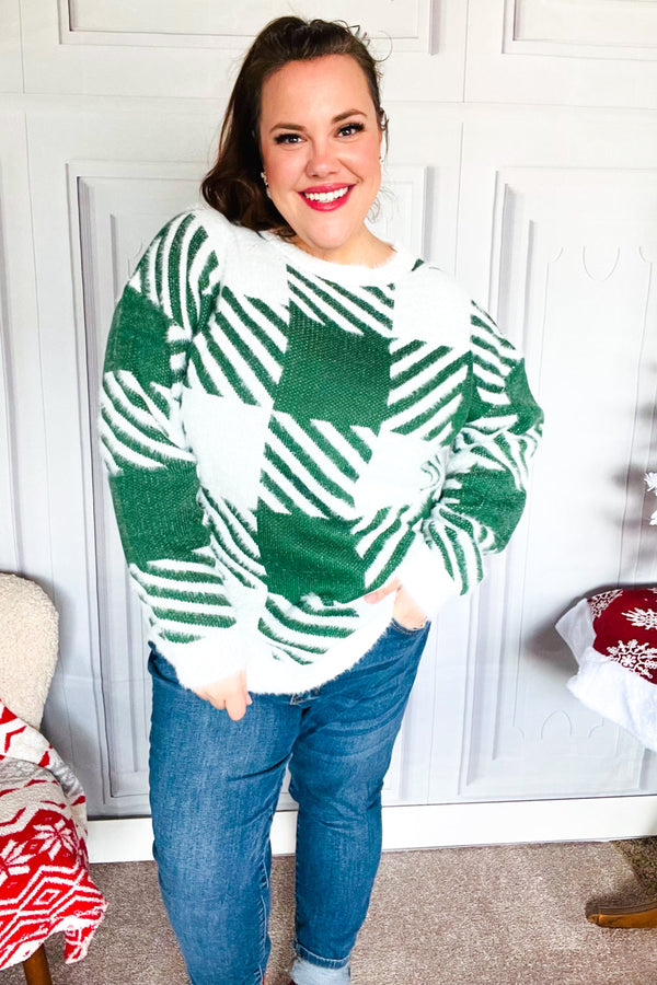Under The Christmas Tree Green Plaid Soft Brushed Hairy Sweater - Coeur de la Mode