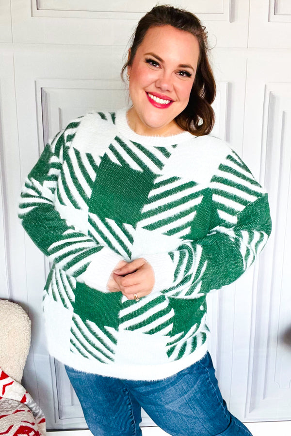 Under The Christmas Tree Green Plaid Soft Brushed Hairy Sweater - Coeur de la Mode