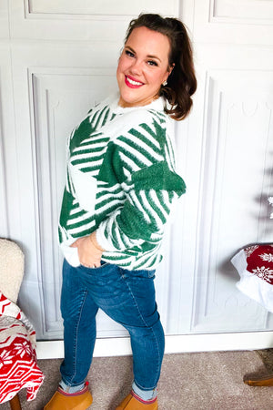 Under The Christmas Tree Green Plaid Soft Brushed Hairy Sweater - Coeur de la Mode