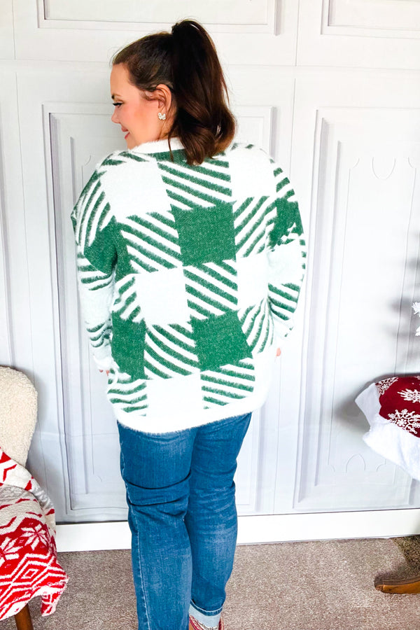Under The Christmas Tree Green Plaid Soft Brushed Hairy Sweater - Coeur de la Mode