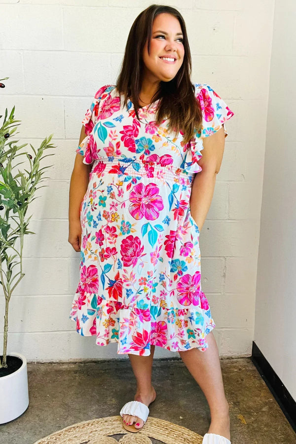 Hello Beautiful Ivory & Fuchsia Floral Sequin Smock Waist Midi Dress - Coeur de la Mode