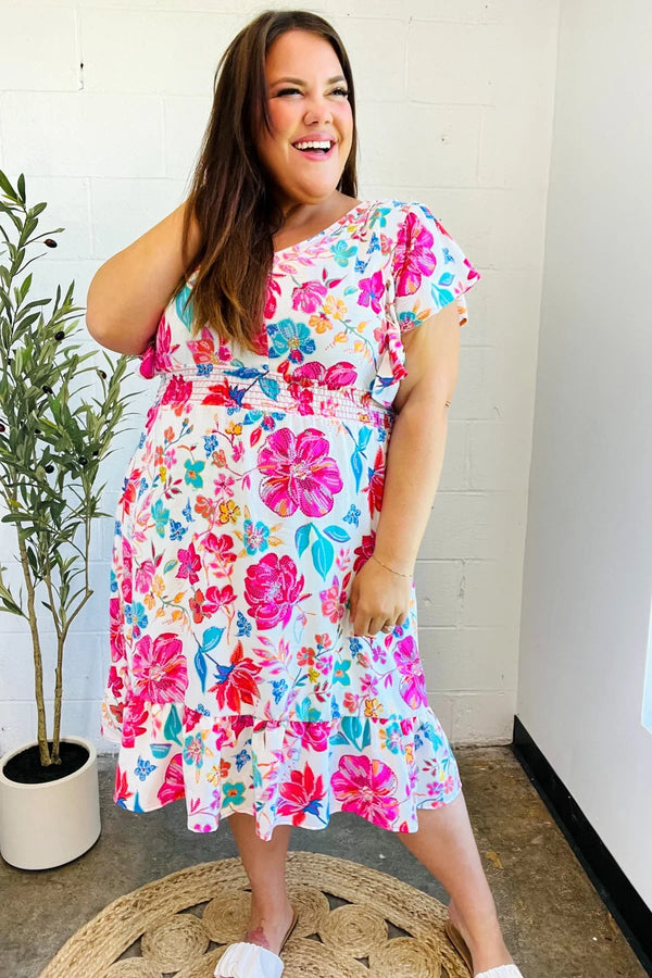 Hello Beautiful Ivory & Fuchsia Floral Sequin Smock Waist Midi Dress - Coeur de la Mode