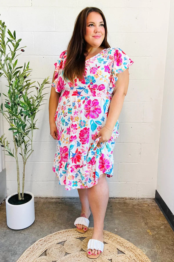 Hello Beautiful Ivory & Fuchsia Floral Sequin Smock Waist Midi Dress - Coeur de la Mode