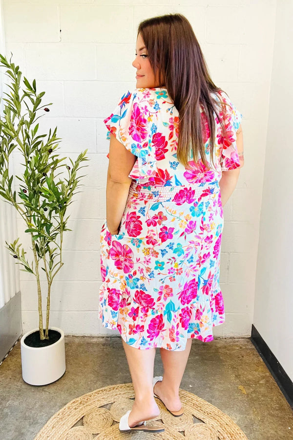 Hello Beautiful Ivory & Fuchsia Floral Sequin Smock Waist Midi Dress - Coeur de la Mode