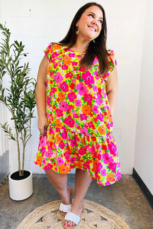 Be Charming Lime & Pink Floral Print Tiered Ruffle Sleeve Dress - Coeur de la Mode