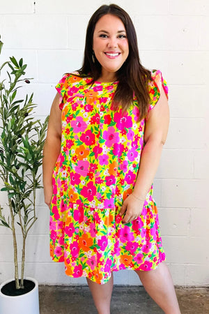 Be Charming Lime & Pink Floral Print Tiered Ruffle Sleeve Dress - Coeur de la Mode