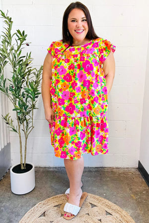 Be Charming Lime & Pink Floral Print Tiered Ruffle Sleeve Dress - Coeur de la Mode