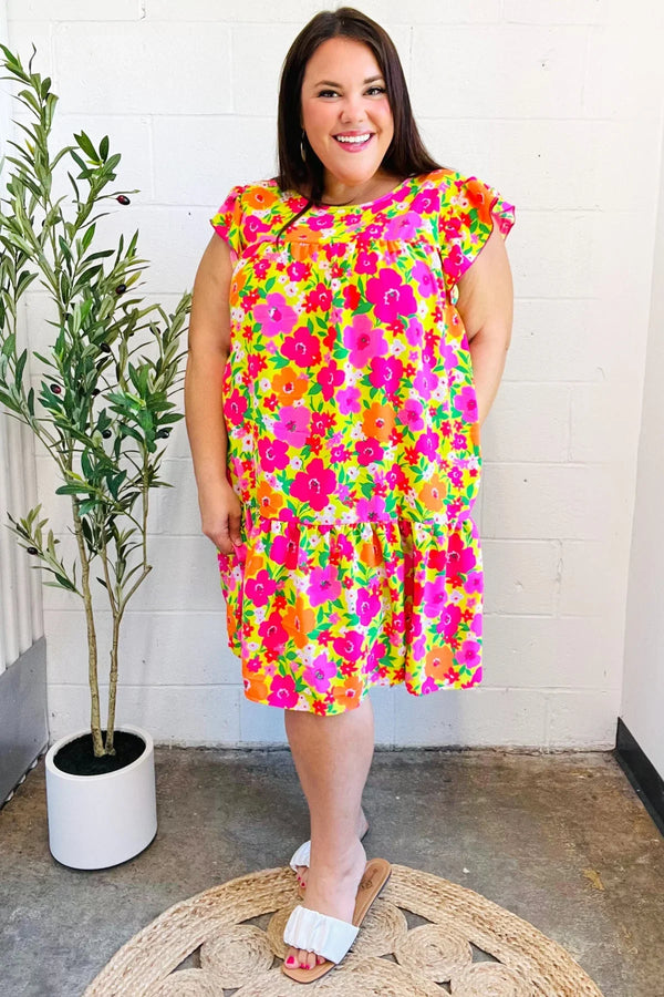 Be Charming Lime & Pink Floral Print Tiered Ruffle Sleeve Dress - Coeur de la Mode