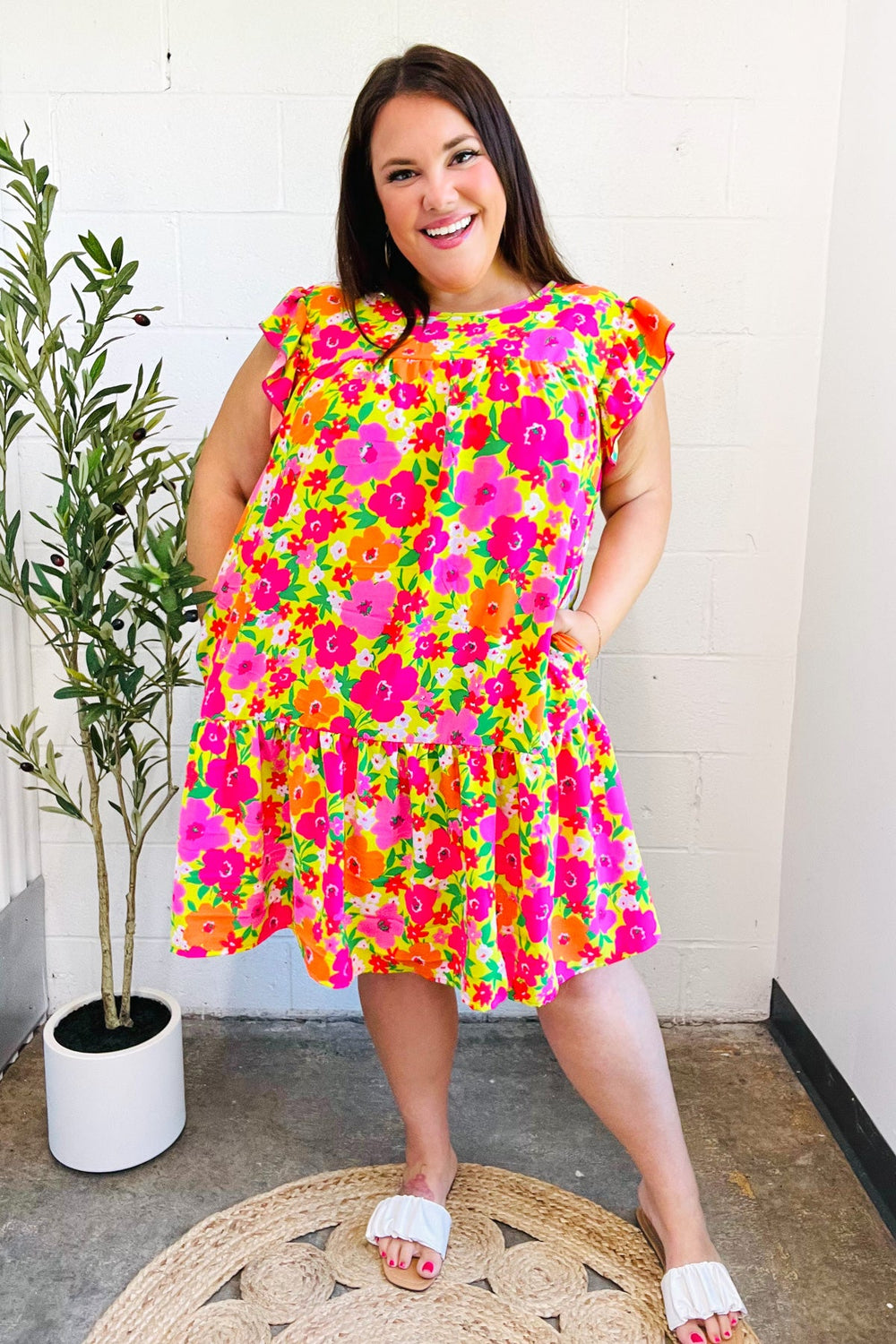 Be Charming Lime & Pink Floral Print Tiered Ruffle Sleeve Dress - Coeur de la Mode